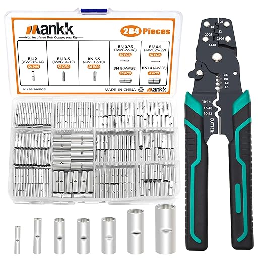 mankk 284PCS Non Insulated Butt Connectors Kit with Crimping Tool 26-6 Gauge Tinned Red Copper Butt Connector Uninsulated Butt Connector Wire Crimp Connectors