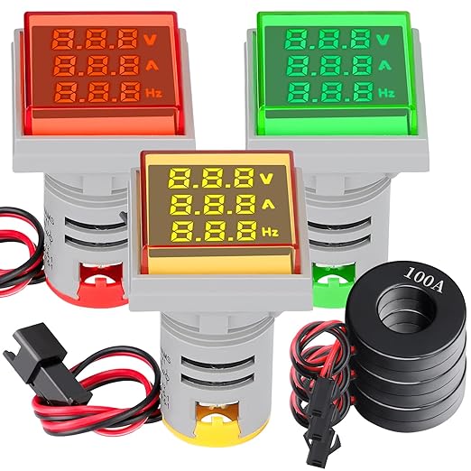DROK AC Volt Amp Frequency Tester, 3pcs AC 60-500V 100A Voltage Current Monitor Digital LED Display Voltmeter 110v 220v Volt Detetor Green Red Yellow Signal Indicator Light Panel
