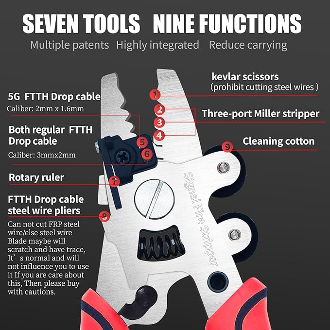 Signal fire Fiber Optic Stripper, 9 in 1 Fiber Optic Stripper Tool, Wire Cutters Pliers Electrician Tools for Wire Stripping Cutting & Cleaning, Fiber Cable Stripping Tool for Technicians