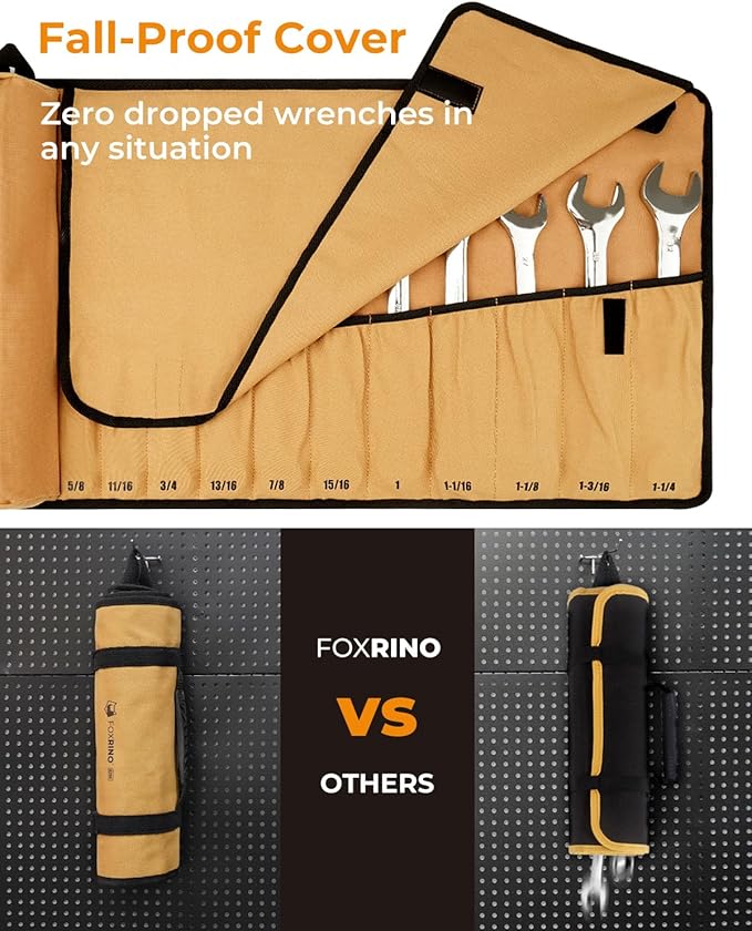 Wrench Roll, Wrench Roll Up Pouch, 17-Pocket Heavy Duty Canvas Wrench Organizer Bag for Metric Combination Wrenches, Portable Tool Roll Bag, Gifts for Men for Christmas (Brown, 17+1 SAE)