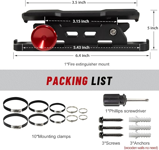 Quick Release Fire Extinguisher Mount with 10 Clamps- Universal Fit Roll Bar & Wall Mount Bracket Holder Adjustable Mounting for UTV Motorcycle Compatible with Jeep Wrangler Polaris RZR Ranger ATV
