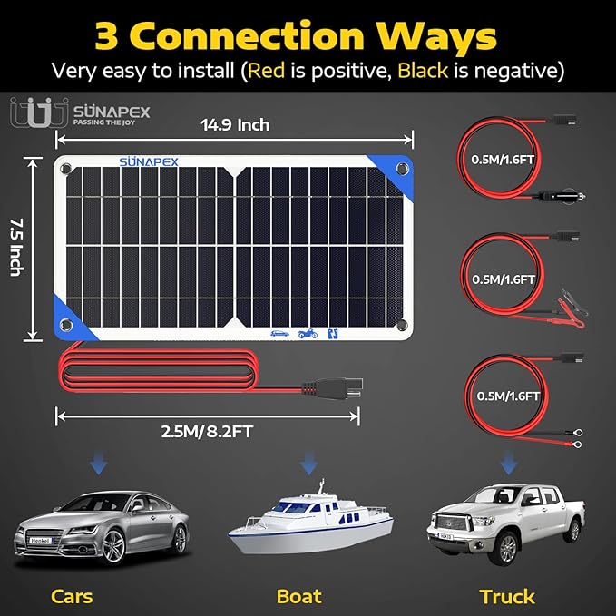 SUNAPEX 12V 10 Watt Solar Trickle Charger Maintainer - Waterproof Solar Powered Battery Charger - Solar Panel Kit Built-in Smart Charge Controller for Car Rv Trailer Truck Boat Automotive Marine