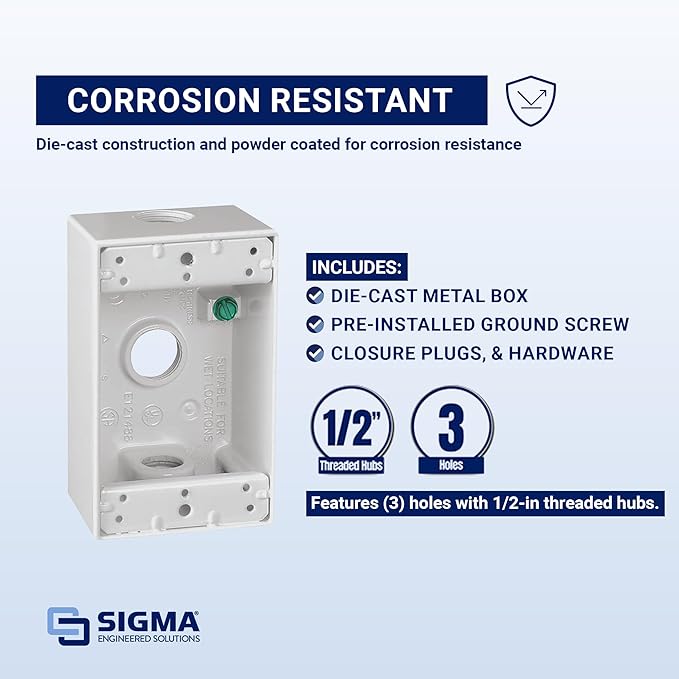 SIGMA ENGINEERED SOLUTIONS 14250WH Metal Electrical Outlet Box, Weatherproof, Easy Mount Plug and Receptacle Protector, White, (3) 1/2-Inch Holes, 1 Gang Box