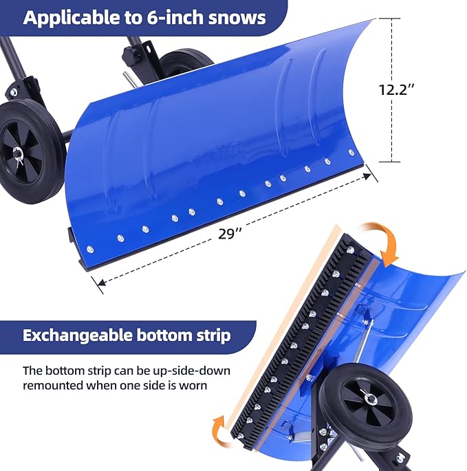 Ohuhu Snow Shovel for Driveway: 2026 Upgraded Heavy Duty Adjustable Angle Wheeled Metal Snow Shovels with 30"x12" Large Blade for Snow Removal, Snow Pusher with Wheels Efficient Remove Tool
