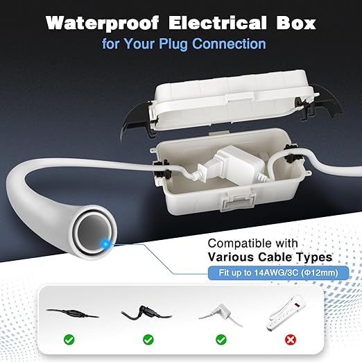 FLEMOON IP55 Outdoor Electrical Box Waterproof with Detachable Awning Covers, 8.3 x 4.1 x 3.7 inch Weatherproof Extension Cord Cover, Easy Installation for Outdoor Plug, Outlet, String Lights, White
