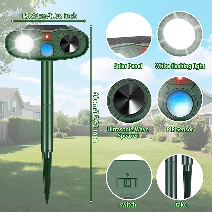 2 Pack Ultrasonic Animal Repellent Outdoor, Solar Deer Repellent Motion Sensor Cat Squirrel Rabbit Repeller, Waterproof Goose Dog Raccoon Deterrent with LED Strobe Flash Lights