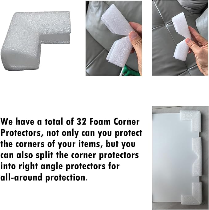32Pcs Foam Edge Corner Protectors U-groove for Packaging Picture Frames, TV, Mirrors, Glass and Furniture, L-shaped Cushioning Transport Mobile Packaging for thickness of about 0.5inch