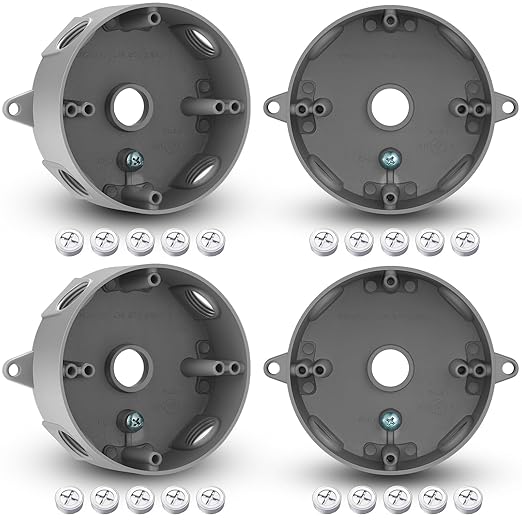 Juexica 4 Pcs 4 Inch Round Electrical Box 1/2 Inch 5 Holes Weatherproof Outlet Junction Ceiling Fan Box for Outdoor Lighting Systems, UL Listed(Gray)