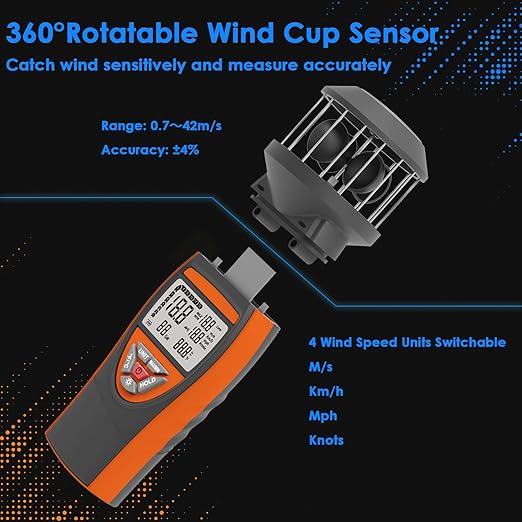 Handheld Cup Anemometer, Kethvoz Digital Air Flow Meter Measure Wind Speed up to 42m/s, Test Temperature for Shooting Hunting Paragliding Outdoor Activities
