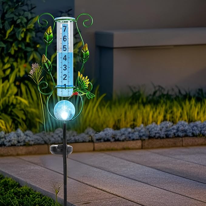 MUMTOP Rain Gauge Outdoor Freeze Proof, 36 Inch Large Number Solar Lights Hummingbird Water Gauge for Lawn, Yard and Garden