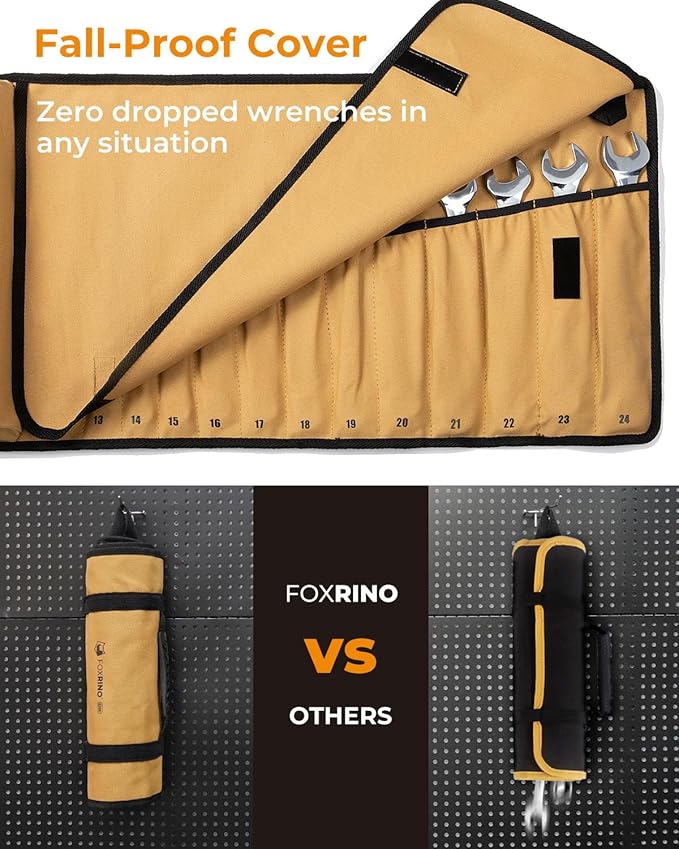 Wrench Roll, Wrench Roll Up Pouch, 19-Pocket Heavy Duty Canvas Wrench Organizer Bag for Metric Combination Wrenches, Portable Tool Roll Bag, Gifts for Men for Christmas(Brown, 19+1 Metric)