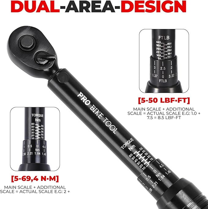 PRO BIKE TOOL Torque Wrench 3/8 Drive - Precision Torque Wrench for Bike Maintenance - 10 to 60 Nm Range with 0.5 Nm Micro Adjustments - Includes Adapters, Extension Bar and Storage Box - Black Matte
