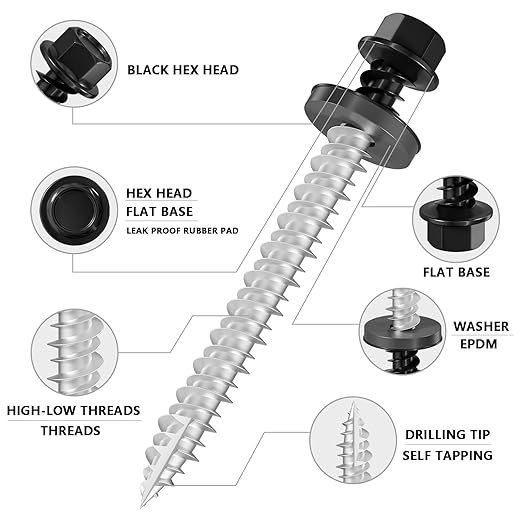 # 3/16 * 1-1/2" 72PCS 1lbs Black Hexagonal Metal Sheet roof Screws, #10 * 1-1/2 with EPDM washers and Hexagonal self Tapping, Used for Metal to Wood, Corrugated Roofs.5 * 38mm