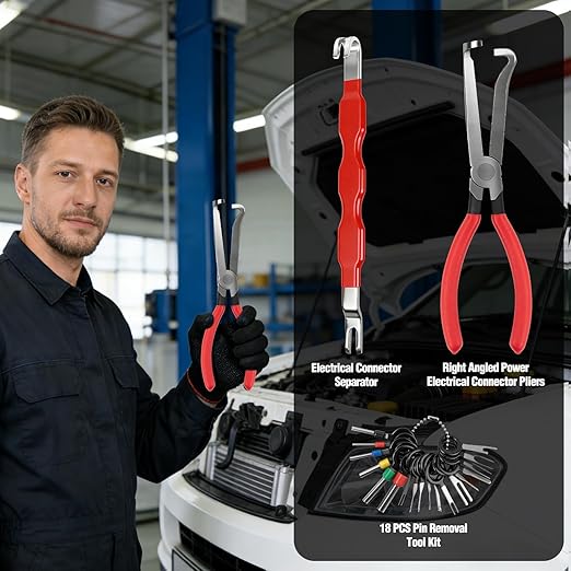 Automotive Tools Electrical Disconnect Pliers & Connector Separator with 18-Piece Terminal Removal Tool Kit for Car Wiring, Battery Terminals and Spark Plug Wires