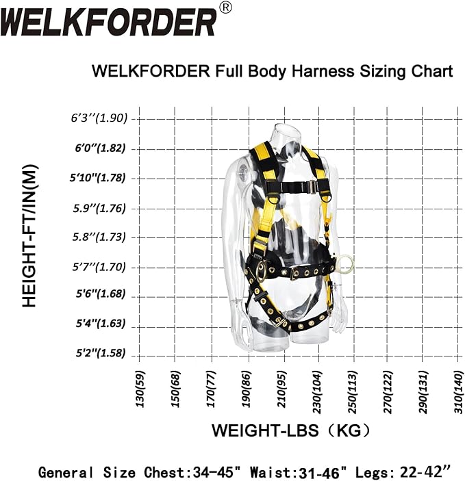 3D-Rings Fall Potection Safety Harness With Waist＆Leg Tounge Buckles|Waist & Shoulder Pad Support ANSI Compliant