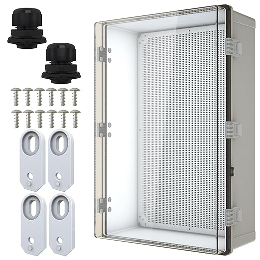 MAKERELE Extra Large Electrical Box Plastic IP67 Electronics Clear Waterproof Boxes for Outdoors Case with 2 NPT 1”Glands and Wall Bracket Hinged Cover Outdoor Enclosure Box(23.6"*15.7"*8.7")