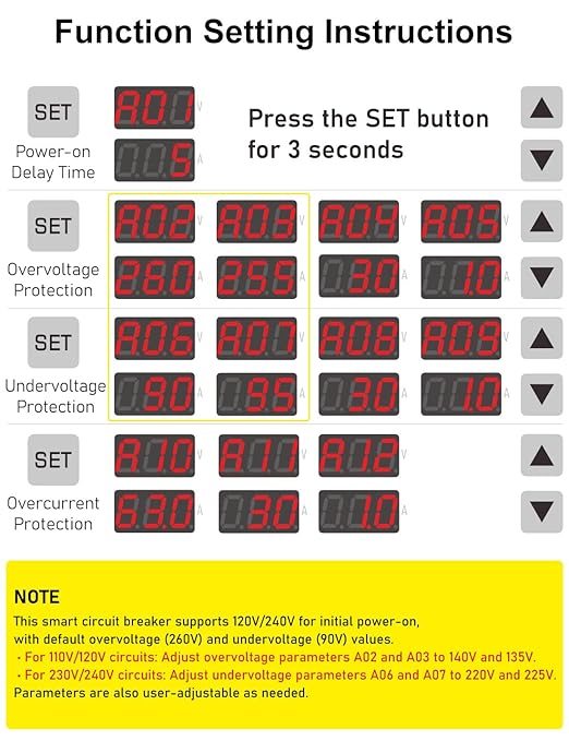 DIHOOL Adjustable Voltage Protector 110V 220V, Low/High Voltage Cutoff and Overcurrent Protection, 70-200V Undervoltage, 140-300V Overvoltage, 1-63A Smart Circuit Breaker AC Disconnect, DIN Rail Mount