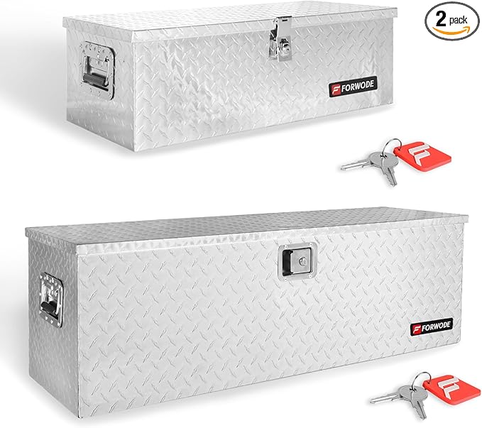 FORWODE 30&48 Inch Aluminum Truck Tool Box Lockable Truck Bed Tool Box Waterproof Truck Bed Storage Box with Gas Struts Side Handle Truck Tool Chest for Pickup, Truck Bed, RV, Trailer&Garage (Silver)