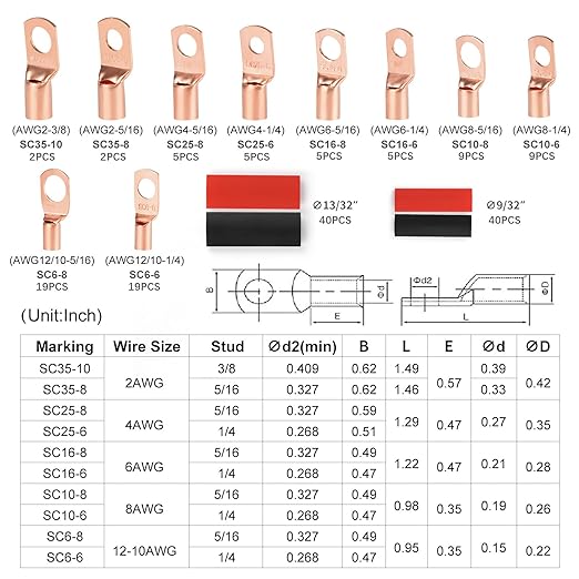 Copper Wire Lugs,Terminal Connectors,Used on AWG12 10 8 6 4 2 Cable,Heat Shrink Set,Bare Copper Eyelets,Ring Terminals Connectors,80Pcs Battery Cable Lugs Ends and 80Pcs Heat Shrink Tubing (160PCS)
