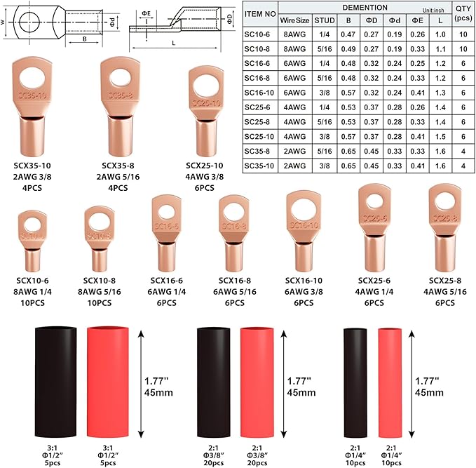 Battery Cable Lug Crimping Tool for AWG 10-1/0 Electrical Lug, with Cable Cutter 64pcs Ring Terminals and 70pcs Heat Shrink Tubing