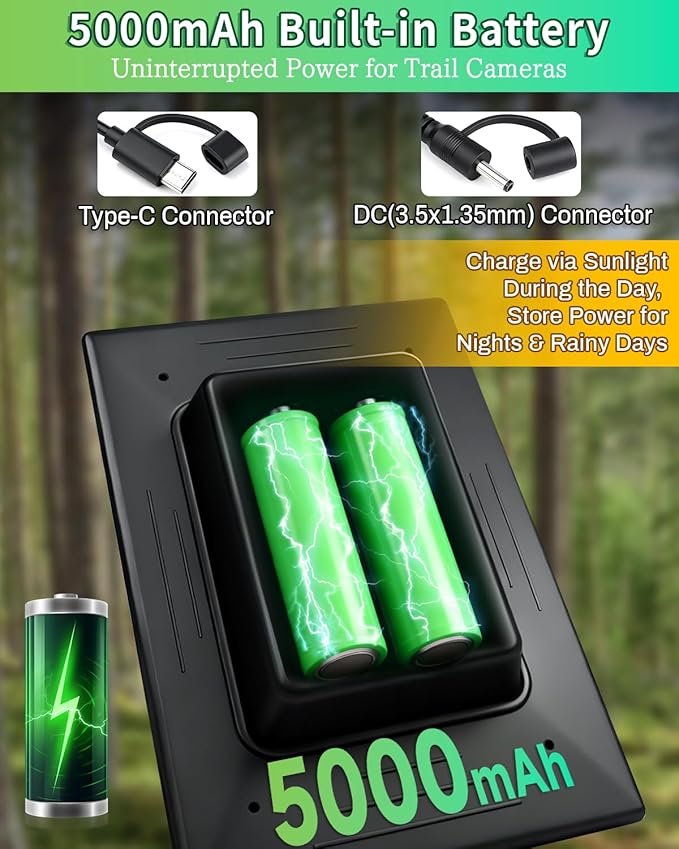 Trail Camera Solar Panel, 3W Solar Panel Charger with 5000mAh Battery and 6V USB-C & DC Port 9.8ft Cable, IP65 Waterproof Solar Panel for Trail Camera,Game Cameras Accessory (6V)