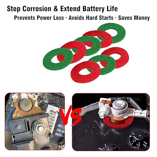 16 PCS Battery Terminal Anti-Corrosion Washers, 8 Red & 8 Green Extra Thick Fiber Gaskets - Prevent Acid Leak Damage, Universal Fit for Car, Truck, Boat 6V & 12V Batteries