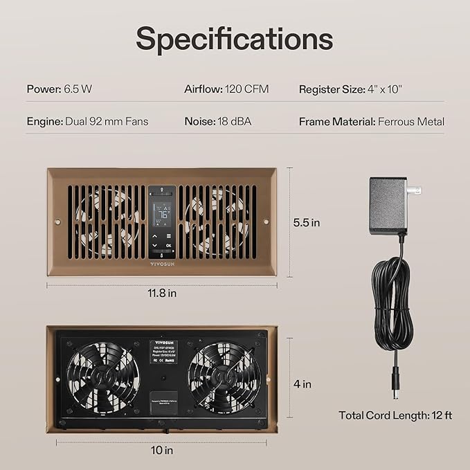 VIVOSUN Quiet Register Booster Fan for 𝟒" 𝐱 𝟏𝟎" Holes, Cooling Heating Vent Fan with 10-Speeds App Control &Adjustable Wind Direction, Thermostat Control for Bedroom, Bathroom &Attic, Brown