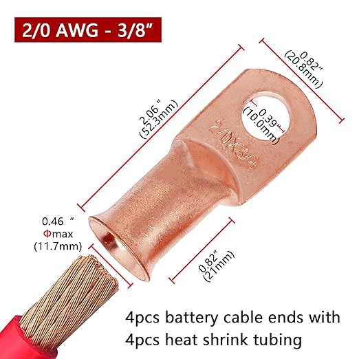 TKDMR 4pcs 2/0 AWG-3/8 Battery Lugs,Heavy Duty Wire Lugs,Ring Terminals,Battery Cable Ends,0 Guage terminals,Battery Terminal Connectors with 4pcs 3:1 Heat Shrink Tubing