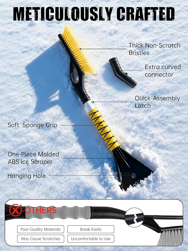 MIKKUPPA 27'' Snow Brush and Ice Scrapers for Car Windshield - Detachable Windshield Scraper, Snow Removal Tool with Curved Connector & Ergonomic Foam Grip for Cars, Trucks, SUVs (Yellow)
