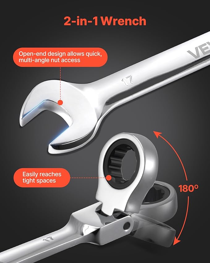 VEVOR Flex-Head Ratcheting Wrench Set, 30-Piece SAE and Metric, 72 Teeth, Cr-V Steel Ratchet Flexible Combination Wrench Set with Roll Up Pouch, for General Household and Automotive Repairs, Silver