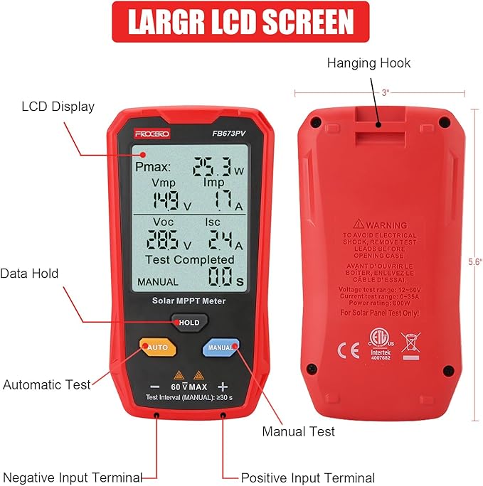 FrogBro Upgrade Solar Panel Tester Meter Photovoltaic Multimeter 800W, Solar MPPT Meter with Large Ultra Clear LCD, Smart MPPT Open Circuit Voltage Troubleshooting Utility Tool for Solar PV Testing