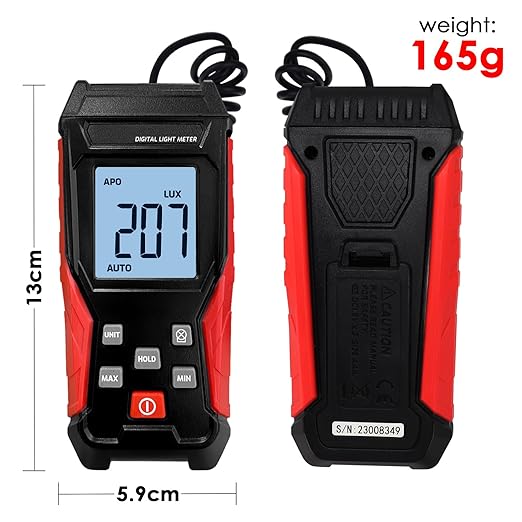 Digital Illuminance Light Meter with Flexible Sensor, Rang up to 200,000Lux Luxmeter with Lux/FC Unit Measurement Backlit 4 Digit LCD Display Light Meter Photography for Plants and Lumens LEDs