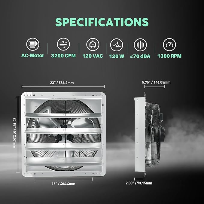 YOZON 20" Shutter Exhaust Fan with Speed Controller, Wall Mounted Wall Exhaust Fan, Automatic Shutter, High Speed, 3200CFM, Vent Fan for Garage, Greenhouse, Shed, Warehouse and Workshop - Silver