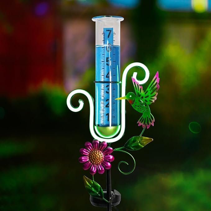 WONDER GARDEN Rain Gauge Outdoor,Hummingbird with Led Neon Lights Decorative Rain Gauge,Freeze Proof Solar Rain Gauges Outdoors Best Rated for Yard,Garden,Lawn Decor