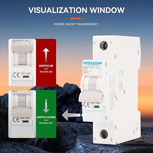 MOLLOM DC 1 Pole Miniature Circuit Breaker, 250V 16Amps, C16 Scene Visualization Custom MCB Thermal Magnetic Trip, 6KA Breaking Capacity DC Disconnect Switch for Solar PV System