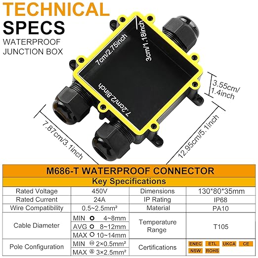 IP68 3Way Waterproof Junction Box Outdoor,3-Way Waterproof Splice Box Outdoor with 3 Cable M25 Gland Wire Connector, Extension Electrical Cable Protector for Diameter Cable Ø4-14mm Black