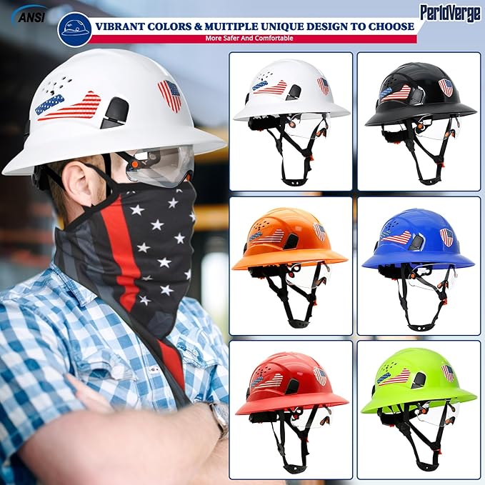 Full Brim Hard Hats Construction OSHA Approved with Visor-Vented Hard Hat with Neck Gaiter with Ear Loops,Safety Hard Hats for Men with Chin Strap ANSI Z89.1 Type 1 Class C,6-pt Suspension