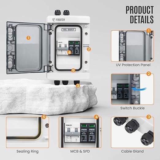 Solar Combiner Box (1 in 1 Out/2 in 2 Out/3 in 3 Out/4 in 4 Out) PV Combiner Box with 1000V DC 40A MCB & 20-40KA SPD Power Distribution Box (1String 1in1out)