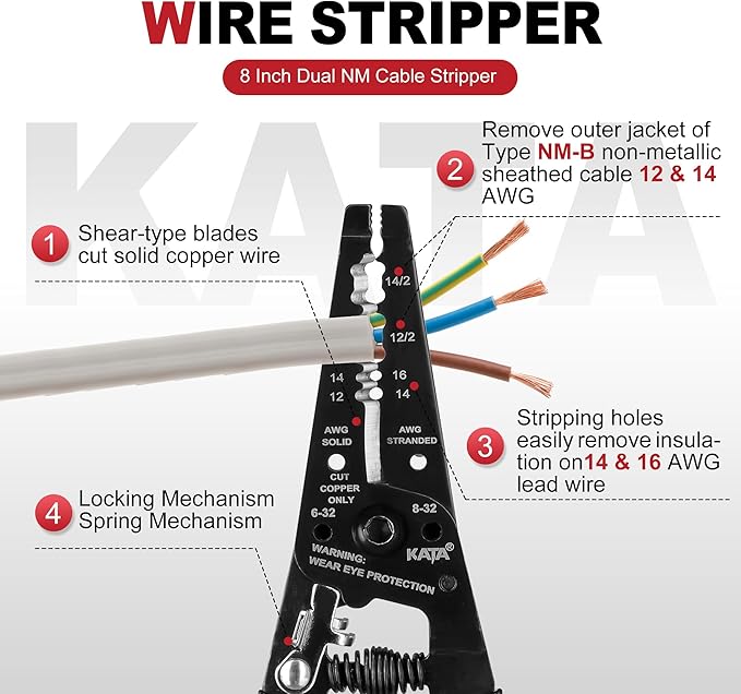 KATA Wire Cutter/Wire Stripper Tool, 8 Inch Dual NM Cable Stripper/Cutter Cuts Solid Copper Wire, Wire Stripping Crimper Plier Strips 12-14 AWG Solid Wire, 14-16 AWG Stranded Wire for Electricians