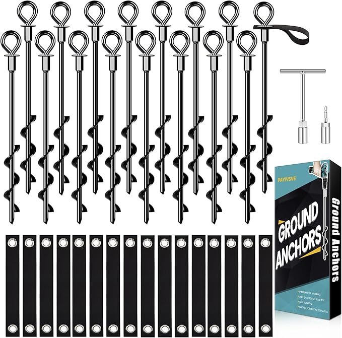 Ground Anchors Screw in 16Pcs, Trampoline Stakes Anchors with Straps Resistant High Wind, Earth Anchor for Swing Set, Tent, Trampolines, Carport, Canopies(16x15in)