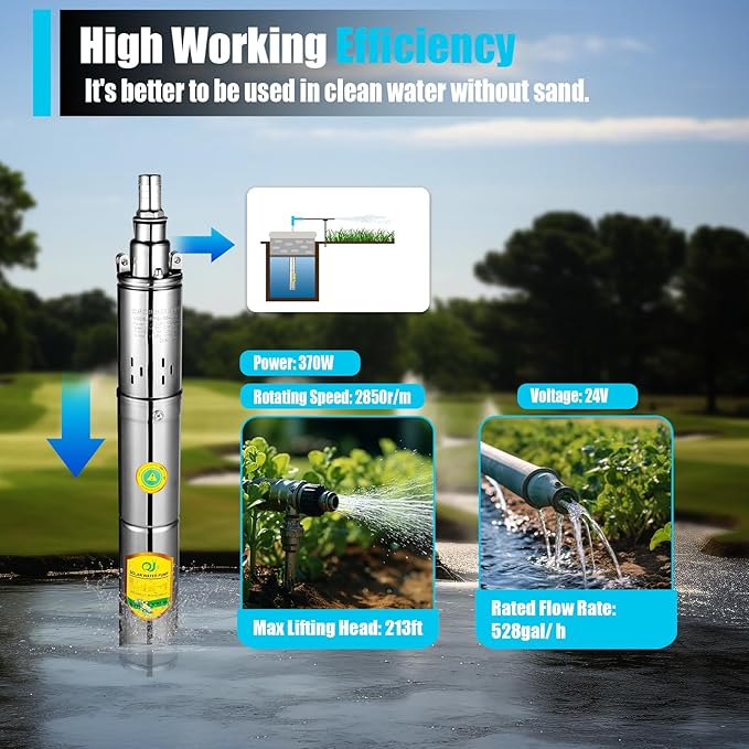 Solar Water Pump Deep Well DC 24V 370W w/Steel Submersible Pump Irrigation Garden,Solar Submersible Pump 65m
