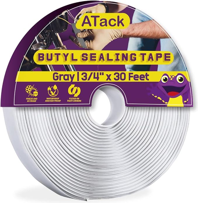 ATack Gray Butyl Seal Tape 1/8-Inch x 3/4-Inch x 30-Foot Leak Proof Putty Tape for RV Repair, Window, Boat Sealing, Glass and EDPM Rubber Roof Patching