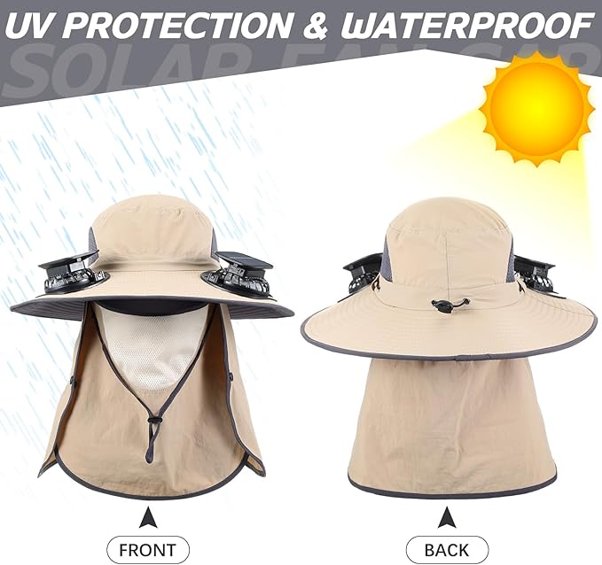 2 Pcs Solar Fan Hats Wide Brim Fishing Hats with 2 Solar Fan and Removable Face Cover Cooling Buckets for Men Women