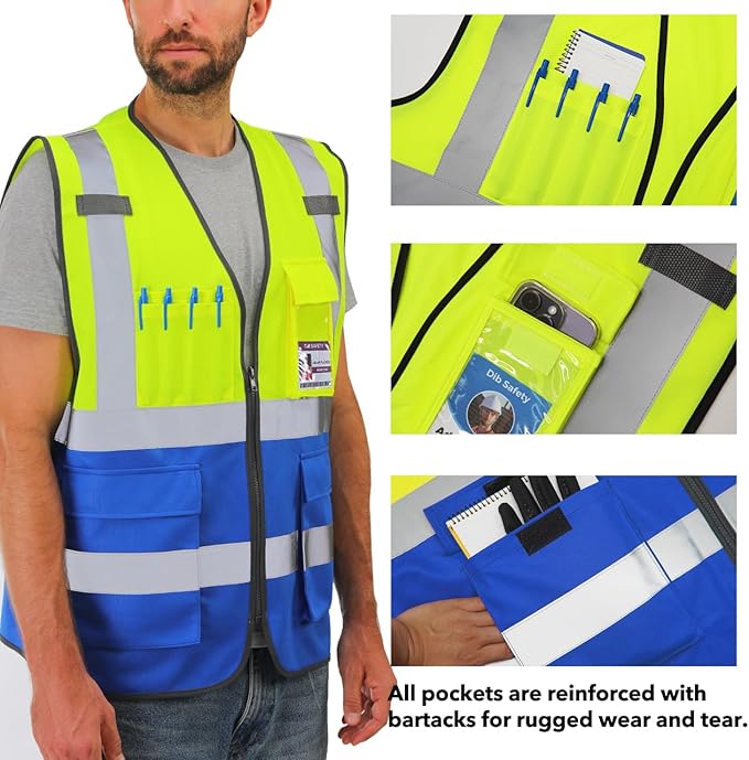 Dib Safety Reflective Vest ANSI Class 2, High Visibility Vest with Pockets and Zipper, Construction Work, Hi Vis