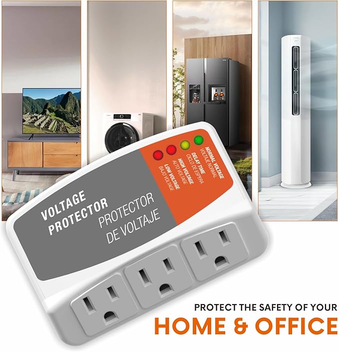 Surge Protector for Refrigerator with 3 Outlets Wall Socket Over/Under Voltage Protection for Home Appliances, 140J Surge Protection for Air Conditioner/TV/PC 120V 15A 1800W