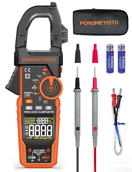 Inrush Clamp Meter With Flashlight,CM06Pro Clamp Multimeter,T-RMS 6000 Counts 1000A Amp Meter with VFD,LOZ,NCV,AC/DC Voltage Current,Continuity Capacitance Frequency Resistance Temperature