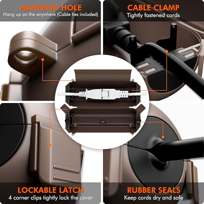 RESTMO 2 Pack Compact Outdoor Extension Cord Cover, IP44 Waterproof Box and Safety Housing Case, Ideal to Protect Outdoor Plugs, Electrical Connections, Holiday Decoration Lights, Size Small, Brown