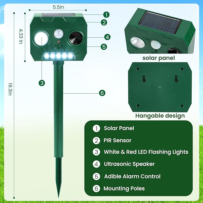 Solar Ultrasonic Animal Repellent Outdoor, 4 Pack Cat Squirrel Raccoon Bird Dog Deer Repellent Devices with PIR Motion Sensor ＆ LED Flash, Waterproof Animal Deterrent for Garden Yard Farm