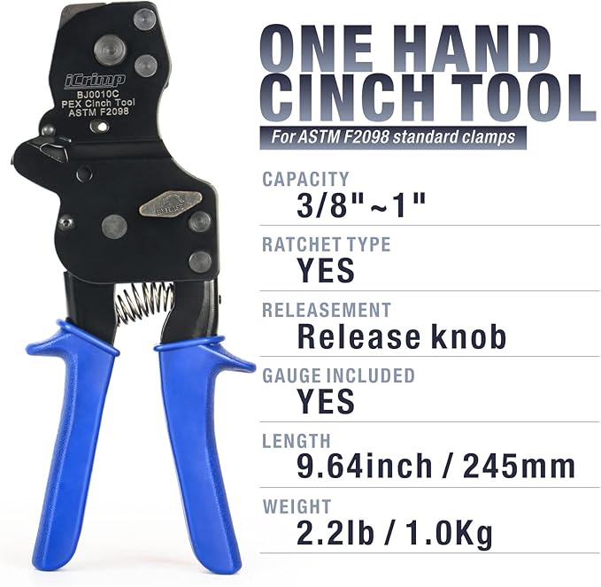 iCrimp Rachet PEX Pipe Cinch Tool for Stainless Steel Clamps meet ASTM 2098 clamping 3/8, 1/2, 3/4, 5/8,1-inch Pipe Tubing