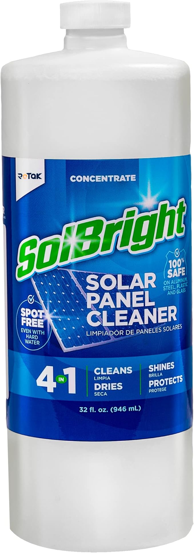 Rotak SolBright 4-in-1 Solar Panel and Window Cleaner Solution For PV Solar Panels and Glass Spot Free Quick Dry Non-toxic Cleans Up to 10 Solar Systems (32 oz)